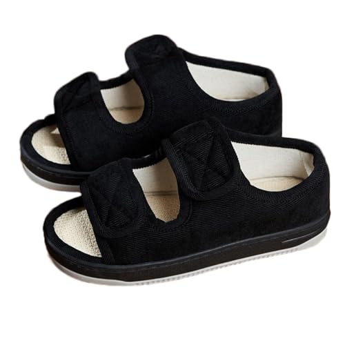 Men Diabetic Swollen Slippers Wide Fit Open Toe Slippers Extra Wide Edema Shoe Adjustable Comfy Elderly Shoes Non Slip Indoor Home Slipper for Swollen Feet Plantar Fasciitis(Black,10-11)