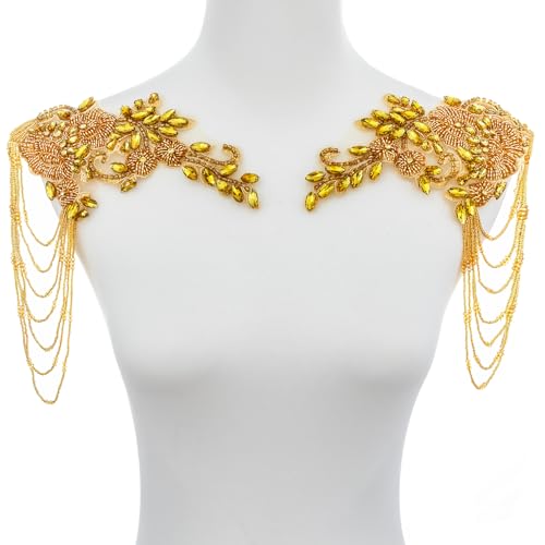 Pair Epaulettes Shoulder Patches for Dress,Beaded Rhinestones Appliques Embellishments Sew-on Diamond Sequin Applique（Gold） by Silvora - Used condition - US$26.99