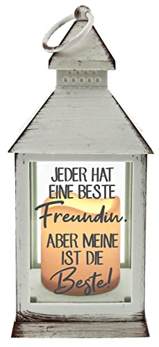 WB wohn trends Kunststoff-Laterne mit LED-Kerze & Timer, Meine Freundin ist die Beste, Weiss 24x10,5x10,5cm, Batterie LED-Licht LED-Laterne LED-Lampe mit Text Spruch