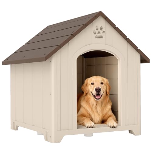 PawHut Cuccia Cani Taglia Media e Grande Rialzata con Tetto Inclinato, Prese d'Aria e Picchetti, Cuccia da Cani in PP, 88x78x89 cm, Beige e Marrone Scuro