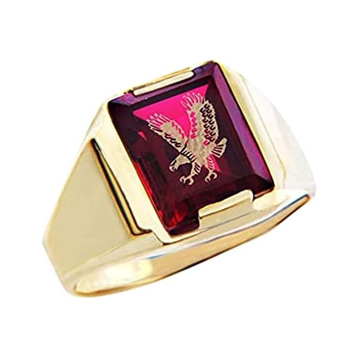 14K Yellow Gold Rectangular Burgundy Cubic Zirconia Men’s American Patriotic Eagle Tapered Band Signet Statement Ring - Size 11