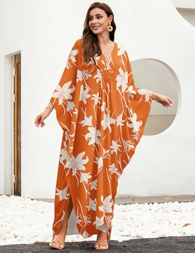 Image of MAKABO Kaftan Dresses for Women, V Neck Moo Moos Colorful Print Cover Ups Caftan Beach Dresses for Swimwear