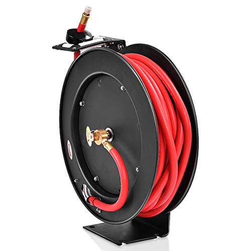 Goplus Auto Rewind Retractable 3/8'' x 50' Air Compressor Hose Reel 300 PSI Secure Lock