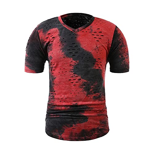 Men's Tie-Dyed Curve Hem T-Shirts Hip Hop Workout Fit Shirts Top Muscle Hole T Shirt for Men (Red,X-Large)