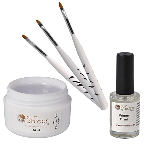UV Fiberglas Gel KLAR 30 ml INKL. PRIMER und PINSELSET 3 tlg. Finishgel Aufbaugel Haftgel - Top Coat - 1-Phasengel SET Cover
