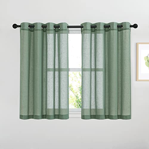 NICETOWN Semi Sheer Short Curtains for Small Window, Eyelet Top Bedroom Curtain Drapes Privacy with Light Filtering Linen Blend for Bedroom/Cafe/Kitchen, Olive Green, 2 Panels, W52 x L45