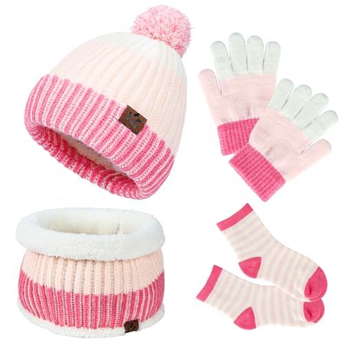 Kids Hat Gloves Scarf Set: Winter Warm Beanie Hats Toddler Knit Neck Warmer Gaiter Fleece Lined Mittens with Socks Boys Girls