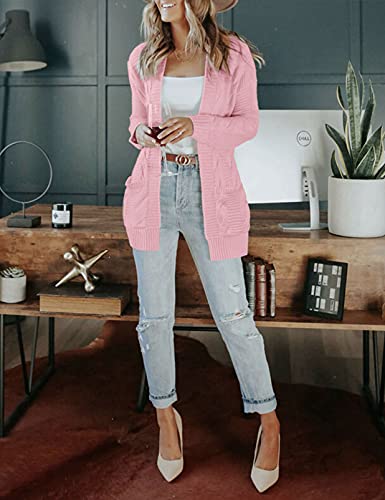 Merokeety Women's Long Sleeve Cable Knit Cardigan Sweaters Open Front Fall Outwear Coat Pink #TOP2