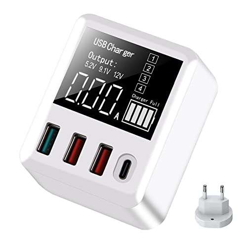 Myhoomowe Cargador de Pantalla de IdentificacióN Inteligente USB de Carga RáPida de 4 Puertos QC3.0/PD20W Enchufe de la UE
