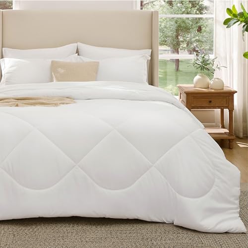 Image of Bedsure 7 Pieces Queen Comforter Set Premium Series, Hotel Luxury Soft Bed in a Bag, Goose Down Alternative, Safe for Sensitive Skin Bedding Comforter All Season Medium Warmth, White Wavy Quilted