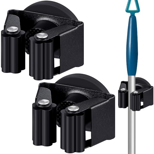 Vercraft 2 Pcs Magnetic Mop Broom Holder Movable Magnetic Broom Holder Rack Anti Slip Wall Mounted Utility for Cleaning Tools Garage Kitchen Laundry Garden (Black)