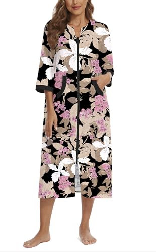 Image of Zipper Robes for Women 3 /4 Sleeve Housecoats Long Lightweight Bathrobe House Dress with Pockets