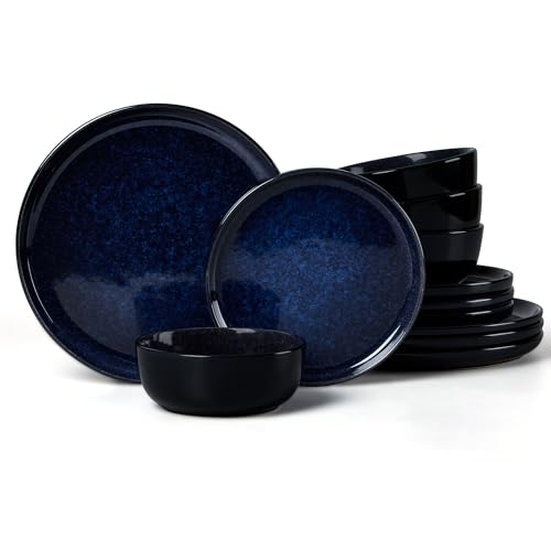 LIANYU Ceramic Plates and Bowls for 4, 12 Piece Modern Porcelain Dinnerware Dishes Sets, Chip and Scratch Resistant Dishware Set, Dishwasher & Microwave Safe Stoneware Set, Midnight Blue