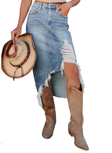 YADMISU Women's Preppy Ripped Slit Denim Skirt Frayed Raw Hem Asymmetrical Trendy Midi Western Jean Skirts,Blue,M