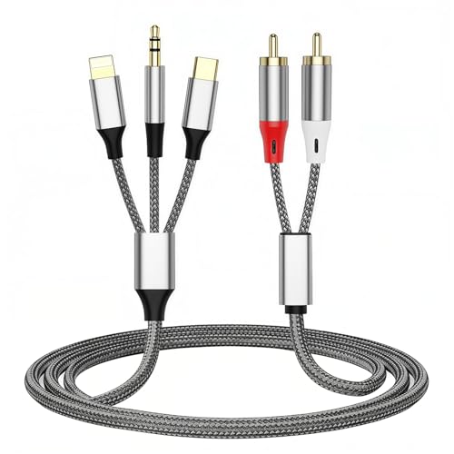 Image of ZORBES 3-in-1 RCA Audio Cable 1.3M /4.26FT, AUX Cable with Lighting /USB-C /3.5mm to RCA, Braided Stereo with Dual Male (Red /White), Hi-Fi Sound for Power Amplifier, Car, Home Theater, Speaker