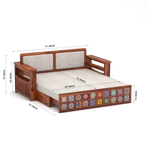 Image of Solid Sheesham Wood Sofa Cums Bed with Cushioned Seating & Handcrafted Tile Storage Front | Rosewood Convertible Sofa Bed for Living Room & Bedroom (Honey Finish)