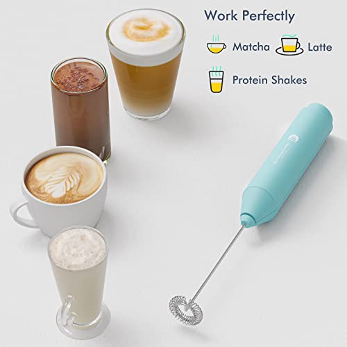 Image of Powerful Milk Frother Handheld Foam Maker, Mini Whisk Drink Mixer for Coffee, Cappuccino, Latte, Matcha, Hot Chocolate, With Stand, Aqua