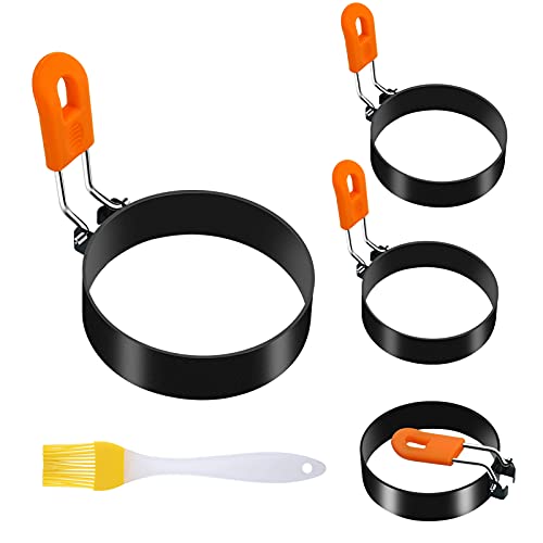 AISUNY Egg Rings for Frying Eggs, Round Egg Cooking Ring with Silicone Handle, Stainless Steel Egg Mold Set of 4 with Oil Brush for Fried Egg Mcmuffins Pancake Sandwiches(2.95in)