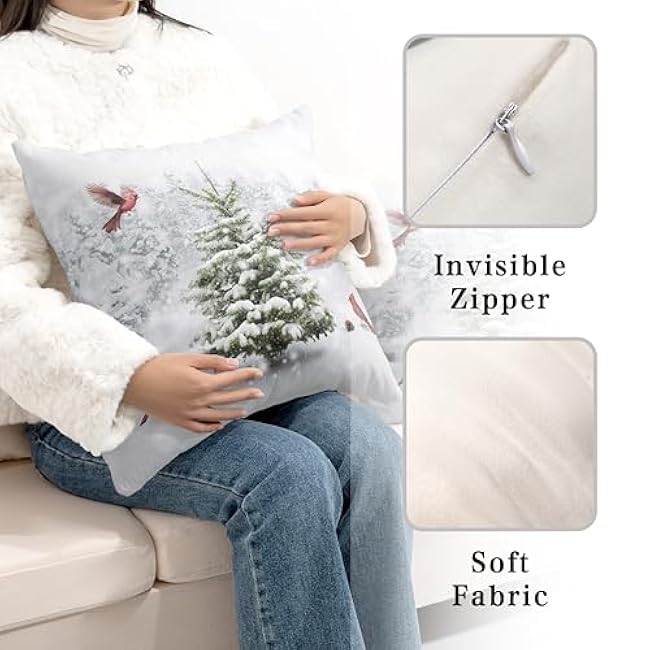 Winter Throw Pillow Covers 18X18 Snowy Natural Forest Decorative Pillow Case Set of 2 Green Pine Tree with Cardinal Birds Cushion Case for Couch Living Room Patio