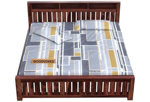 Image of Sheesham Wood Bed Without Storage Solid Wooden Cot Bed Elegant and Functional Bedroom Living Room Home (Walnut Finish, King)