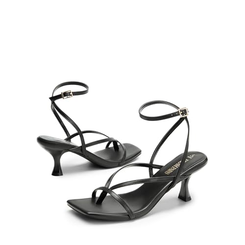 DREAM PAIRS DREAM PAIRS Women's Dressy Kitten Heel Sandals, Sylvestra Strappy Open Square Toe Heels with Ankle Strap for Wedding Guest, Parties and Special Occasions,Size 8.5,Black-Pu,SDHS2405W