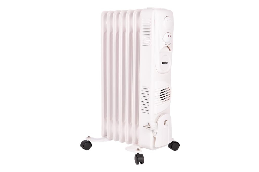 Cofan Radiador de aceite de 1500 W | 7 elementos | 3 niveles de potencia | Con termostato y ventilador | Protección antivuelco | 37 x 24 x 65 cm