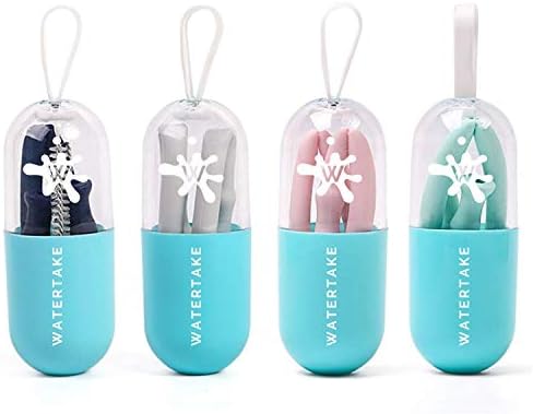 WATERTAKE Silicone Straws Drinking Reusable - Portable 4 Collapsible Straws with 4 Cases and 4 Cleaning Brushes BPA Free Durable Great for Long Journeys