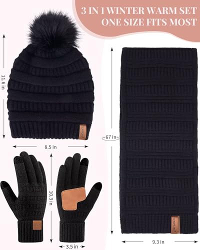 Womens Winter Beanie Hat Scarf Gloves Set, Cute Pom Pom Beanie with Warm Fleece Lined Long Knit Neck Scarf Touchscreen Gloves, 3 Piece Set for Cold Weather(Black) - Image 6