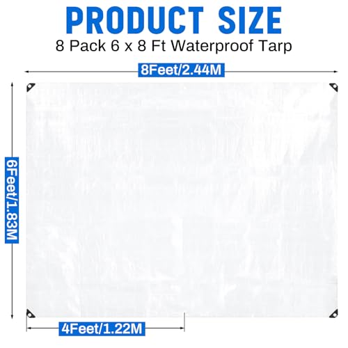 Image of 8 Pack White Tarps 6 x 8 ft, 5.5 Mil Heavy Duty Waterproof Tarp, Multipurpose Shade Tarps for Patio, Swimming Pools, Boats, Camping, Courtyards, Sun Shade & Outdoor Protection Cover