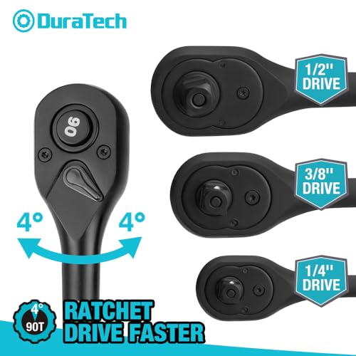 Image of DURATECH 3-Piece Drive Ratchet, 1 /4 inch, 3 /8 inch, 1 /2 inch 90-Tooth Quick-Release Ratchet Wrench, Reversible, Cr-V Made, 4 Swing, Manganese Phosphate Black Finish, Gifts for Men Gifts for Women
