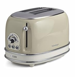 Ariete 0155/13 Retro Style 2 Slice Toaster, 6 Browning Levels and Removable Crumb Tray, 3 Functions Including Cancel, Defrost and Reheat, Non-Slip Feet, Vintage Design, Beige