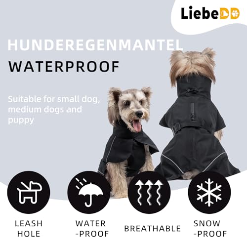 LiebeDD Hunderegenmantel Wasserdicht Regenjacke Hund mit Geschirrloch, Reflektierende Regencape Hund Verstellbarer Hunde Regenmantel für Mittelgross und Kleine Hunde wie Dackel (Schwarz 3XL 41cm)