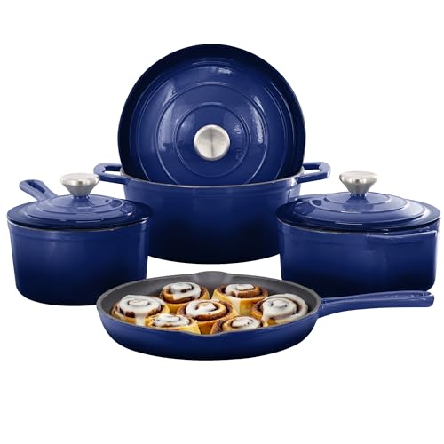 Image of MegaChef 7 Piece Enameled Cast Iron Cookware Set in Blue