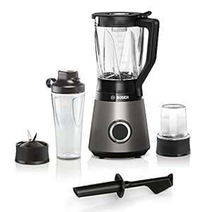 Bosch VitaPower Serie | 4 blender, MMB6177S, direct blenden in ToGo-fles, ProPerformance-systeem, 1200 Watt, ThermoSafe glazen blenderkan, 2 snelheden en pulse functie, zilver