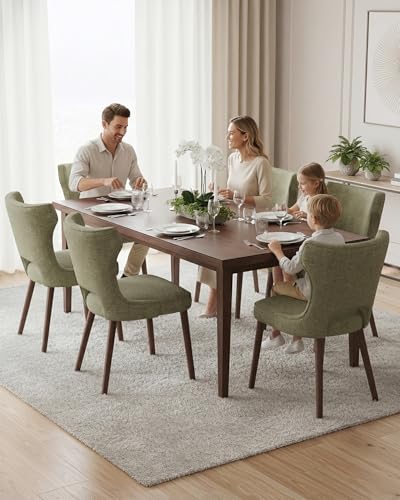 Image of Wooden Dining Chairs Set of 2, Farmhouse Dining Room Chairs with Solid Wood Legs, Mid Century Fabric Kitchen Chairs, Upholstered Chair for Restaurant & Cafe- Green