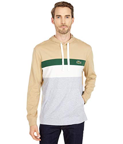 Lacoste Men's Long Sleeve Colorblocked T-Shirt Hoodie, Silver Chine/Flour-Green, M