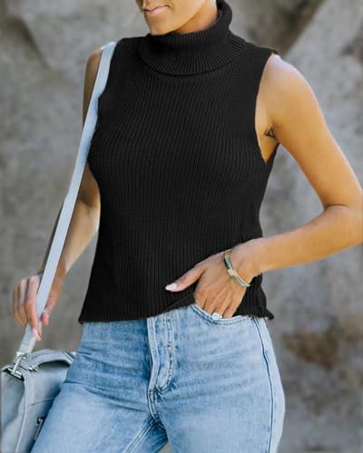 Image of Womens Sleeveless Sweater Vest Turtleneck Ribbed Knit Tank Tops Basic Slim Fit Top