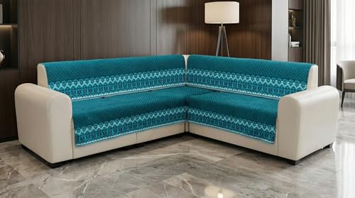 Image of Velvet L Shape 2+2 (4 Seater) Sofa Cover Fully Covered | Anti Skid Non Slip | Plain Aqua Blue | Washable Furniture Protector