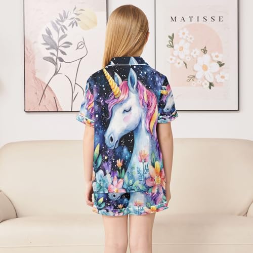 ALAZA Flower Unicorn Leaf Blossom Satin Pajamas Set Short Sleeve Button Down Sleepwear Summer Pjs 2 Piece4