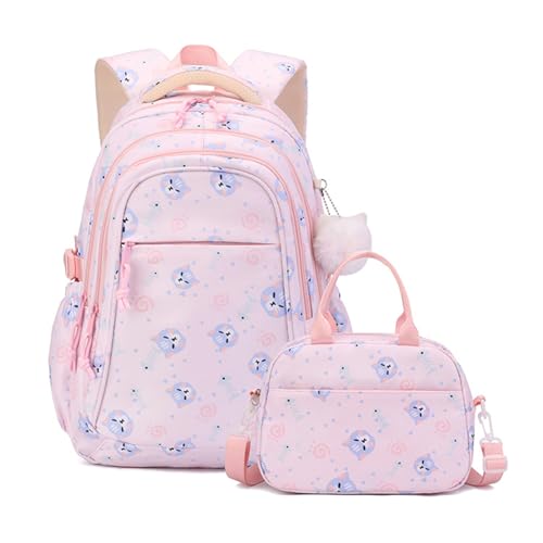 Waterproof Cat Pattern Backpack with Insulated Cooler Lunch Box Bag Set (Pink)