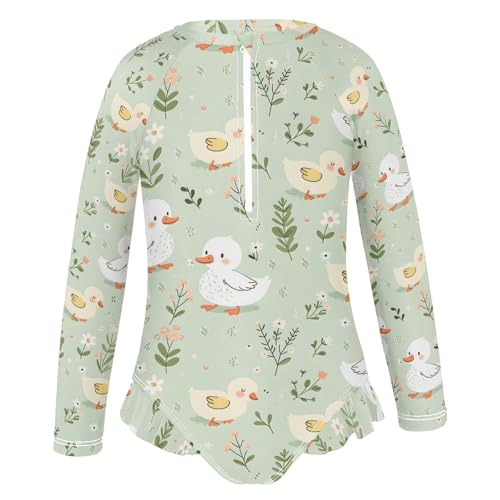 Cartoon Duck on Light Green Background Girls Long Sleeve Swimsuit Rash Guard One Piece Bathing Suits Zipper 3-12T2