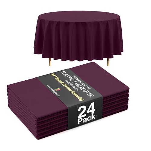 Image of Exquisite 66% Thicker Premium Plum Round Tablecloth 0.5 Mil 24 Pack Plastic Table Cloth Disposable 84 Inch Round Plastic Tablecloth Won't Tear Easily Like Cheap Thin Brands