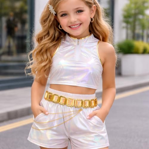 Image of Wanna Party Korean Pop Inspired Demon Hunterz Rumi Iridescent Costume Set for Girls (Size L, Age 6-8 Years) | Holographic Top, Shorts, Belt & Chain Party Outfit