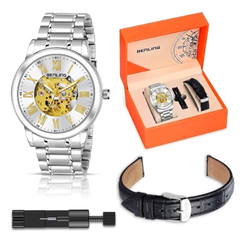 Image of Benling Men's Skeleton Automatic Analog Watch Combo | Open Gear Dial | Leather and Stainless Steel Chain Strap | Luxury Mechanical Movement | Casual & Formal Wear Stylish Wrist Watch for Men