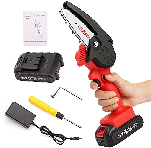 AGLOAT Mini Kettensäge mit Akku, Elektrische Akku-handsäge mit Bezel,4 Zoll Handkettensäge, Tragbare Elektrische Elektro-säge für Gartenbau/Bäume/Landwirtschaft/Weide,Red-1Akku Cover