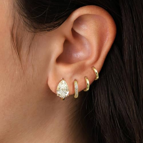 Image of 4Pairs Statement Gold Hoop Earrings for Women Trendy,Surgical Steel Gold Plated Hoop Hypoallergenic Earrings Set,Titanium Hoops Earring Stacks,CZ Cartilage Huggie Hoops Earring Gifts for Girlfriend