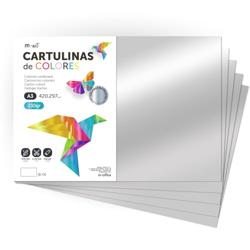 Cartulina de Colores Metalizadas, Cartulina Grande A3 (29,7x42cm) Cartulinas de Colores 230gr para Manualidades, Diseños Creativos y Proyectos de Arte, Brillo Reflectante · m-office (10 hojas, Plata)