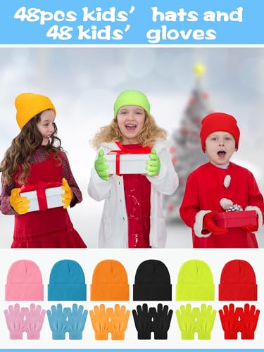 Retisee 96 pcs Kids Winter Beanie and 48 Set Gloves Set Knit Hat Bulk Warm Gloves Cap for Boys Girls Homeless Gift2