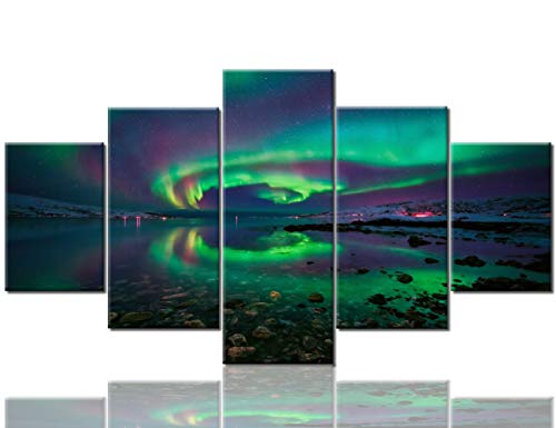 Art Wall for Home DecorAurora in Iceland Canvas Prints for Living Room Decoration Northern Light Painting 5 Panels HD Artwork Poster Stretched and Framed Ready to Hang (60''Wx32''H) Art Wall for Home DecorAurora in Iceland Canvas Prints for Living Room Decoration Northern Light Painting 5 Panels HD Artwork Poster Stretched and Framed Ready to Hang (60''Wx32''H)