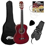 Red classical guitar perfect for children between 3 and 5 years of age Complete beginners guitar pack including bag, spare strings, plectrum and strap The included guitar strap allows you to play the guitar standing up as well as sat down Nylon strin...